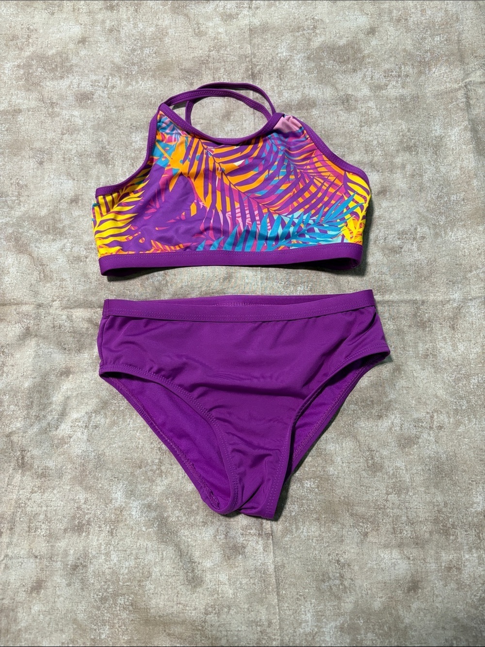 Lands' End Girls' Purple Tropical Print Two-Piece Swim Set